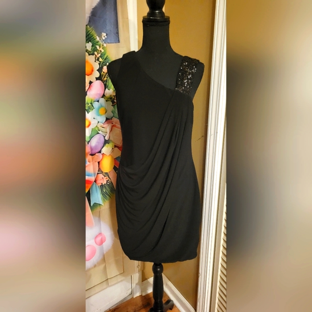 White House Black Market Elegant Drape Front Black One-Shoulder Dress,Size Small